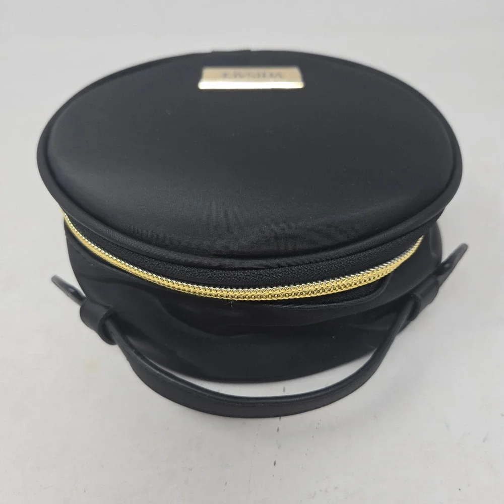 Versace Fragrances Black Round Vanity Cosmetic Case Gold Logo Mirror Travel Bag